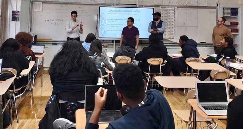 Brandi Kovac’s class at Columbia Secondary School discussing the testbed. Credit: Columbia Engineering Office of Outreach